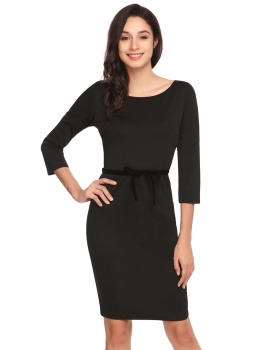 

Black O-Neck 3"4 Sleeve Above Knee Solid Package Hip Work Dress with Belt, Multicolor
