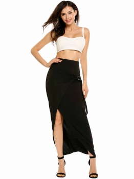 

Black Solid Elastic High Waist Maxi High Low Split Hem Skirt, Multicolor