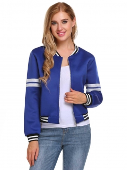 

Blue Women Casual O-Neck Long Sleeve Patchwork Zipper Thread Hem Cuffs Baseball Jacket, Multicolor