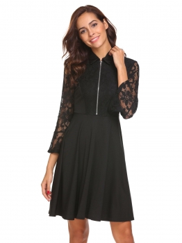 

Black Women Casual Doll Collar Long Sleeve Lace Patchwork A Line Mini Dress, Multicolor
