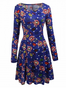 

Blue O-Neck Long Sleeve Prints A-Line Dress, Multicolor