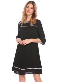 

Black 3"4 Flare Sleeve Pleated Lace Chiffon Loose Casual Dress, Multicolor