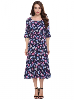 

Navy blue 3"4 Flare Sleeve Floral Casual Dress, Multicolor