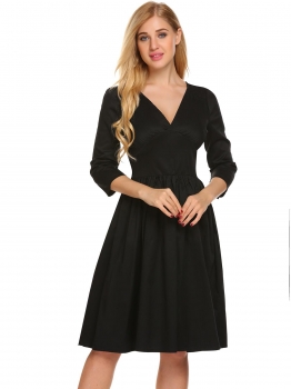 

Black V-Neck 3"4 Sleeve Floral Print Fit and Flare Casual Dress, Multicolor