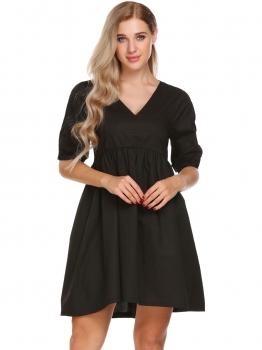 

Black V-Neck Split Short Sleeve Solid Loose Fit Dress, Multicolor