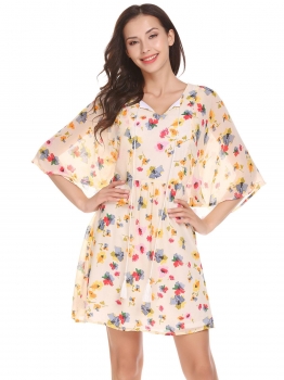 

Beige Women Lace Up O-Neck Butterfly Sleeve Floral Fit and Flare Chiffon Casual Dress, Multicolor