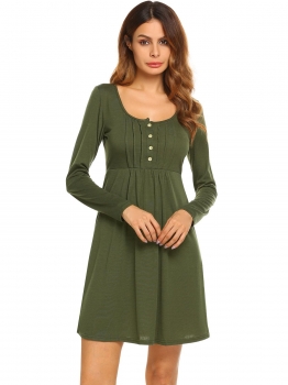 

Army green Women Long Sleeve Pleated Placket Button Front Slim Casual Dress, Multicolor