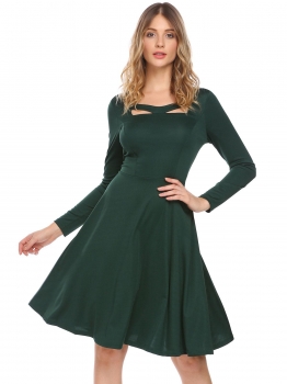 

Dark green Women V-Neck Long Sleeve Hollow Out Solid Fit and Flare Casual Dress, Multicolor