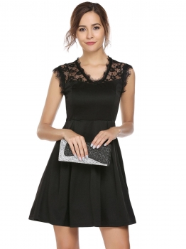 

Black V-Neck Sleeveless Lace Patchwork A-Line Pleated Dress, Multicolor