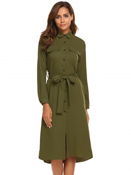 

Army green Casual Turn-down Collar Long Sleeve Split Asymmetric Hem Shirt Dress, Multicolor