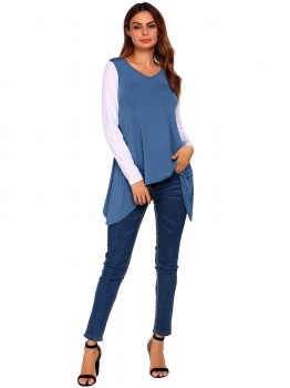 

Blue V-Neck Long Sleeve Contrast Color Asymmetric Tops, Multicolor