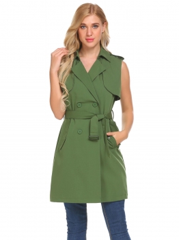 

Green Women Lapel Double Breasted Sleeveless Casual Long Trench Vest with Belt, Multicolor