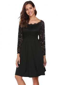 

Black Long Sleeve Lace Patchwork A-Line Dress, Multicolor