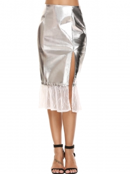 

Silver Split Side Lace Patchwork High Waist Midi Skirts, Multicolor