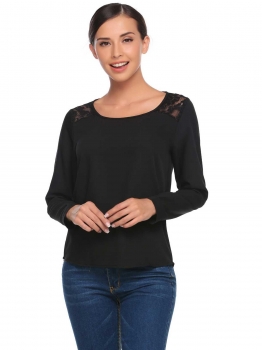 

Black Lace Patchwork Chiffon O-Neck Long Sleeve Tops, Multicolor