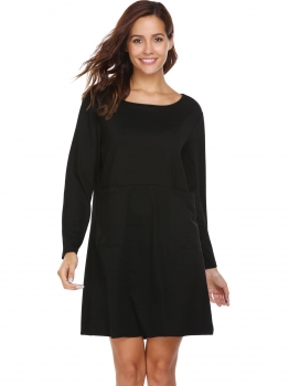 

Black Long Sleeve Loose Solid Shift Dress, Multicolor