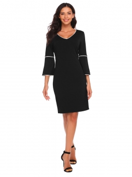 

Black Casual V Neck 3"4 Flare Sleeve Contrast Color Patchwork Slim Dress, Multicolor