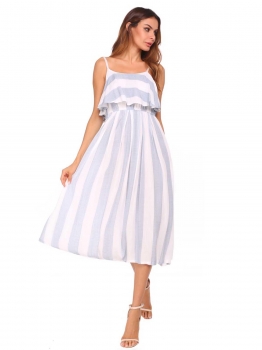 

Blue Strap Striped High Elastic Waist Ruffle Long Beach Dress, Multicolor