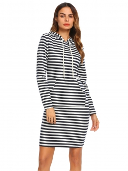 

Black Women's Hooded Long Sleeve Striped Slim Fit Casual Hoodie Dress with Pocket, Multicolor