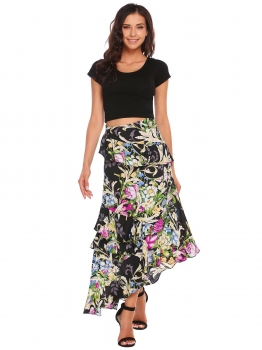 

Black Floral Print Ruffles Asymmetrical Skirts, Multicolor