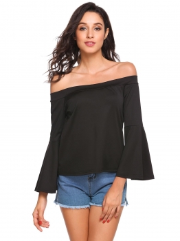 

Black Off the Shoulder Flare Sleeve Back Lace-up Loose Club Tops, Multicolor