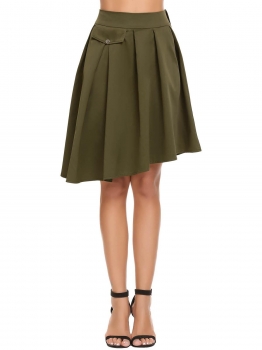 

Army green High Waist Solid Asymmetric Pleated A-Line Skirt, Multicolor