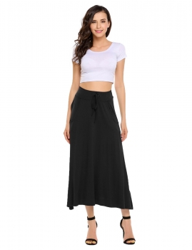 

Black Solid Elastic High Waist Drawstring A-line Maxi Skirt, Multicolor