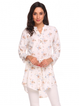 

Rose Pink Women Long Sleeve Split V-neck Floral T-shirt Asymmetric Loose Tops, Multicolor