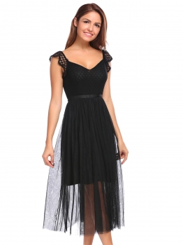 

Black Backless Cap Sleeve Mesh Patchwork Tulle Dress, Multicolor