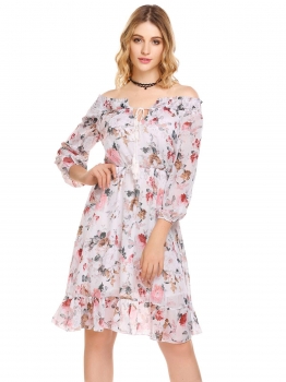 

White Sexy Keen Length Smock Long Sleeve Floral Print Ruffle Ruched Off Shoulder Casual Dress, Multicolor
