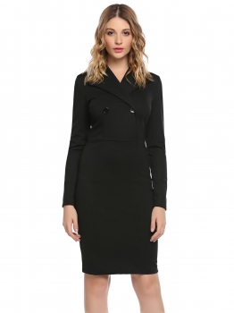 

Black V-Neck Long Sleeve Solid Bodycon Slim Button Work Pencil Dress, Multicolor