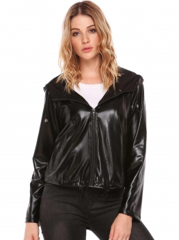 

Black Hooded Long Sleeve Solid Glitter Coat Jacket, Multicolor