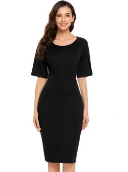 

Black Half Sleeve Solid O Neck Split Hem Dress, Multicolor
