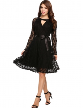 

Black Long Sleeve Lace Solid Belted A-Line Dress, Multicolor