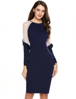 

Blue Lace Patchwork Ruffles Long Sleeve Pencil Dress, Multicolor