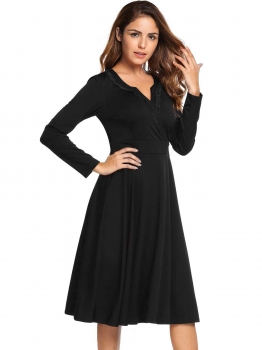 

Black Long Sleeve Solid Lace Notched Neck Swing Dress, Multicolor