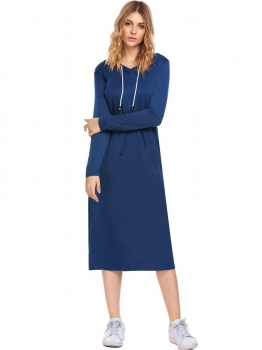 

Royal Blue Long Sleeve Solid Hooded Pocket Drawstring Straight Dress, Multicolor