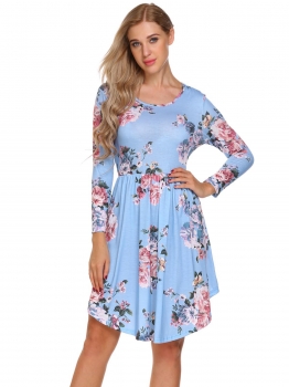

Lake blue Round Neck Long Sleeve Floral Print Dress with Pockets, Multicolor