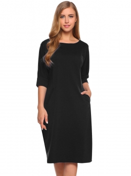 

Black 3"4 Sleeve Solid Loose Fit Dress with Pocket, Multicolor