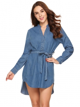 

Blue Long Sleeve Asymmetrical Hem Denim Dress with Belt, Multicolor