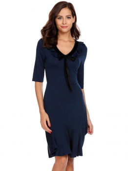 

Dark blue Women Self-tie V-Neck Half Sleeve Ruffles Casual Slim Fit Casual Dress, Multicolor
