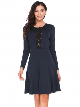 

Blue Long Sleeve Lace Patchwork Slim Dress, Multicolor
