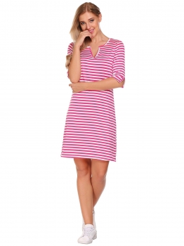 

Rose Pink Notch Neck Half Sleeve Striped Short Dress, Multicolor