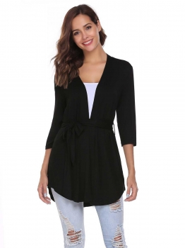 

Black Solid Asymmetrical Hem Cardigan with Belt, Multicolor