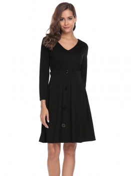 

Black V-Neck 3"4 Sleeve Button Fit and Flare Dress, Multicolor