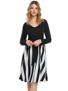 

Black Striped Patchwork V-Neck Long Sleeve Pleated Belt Casual Dress, Multicolor