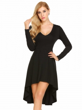 

Black V-Neck Long Sleeve Solid Loose Asymmetry Hem Casual Dress, Multicolor