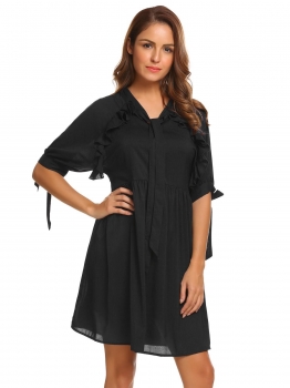 

Black Women Fashion V-Neck Puff Half Sleeve Solid Loose Dress with Lining, Multicolor