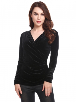 

Black Women Casual Deep Crossing V-Neck Long Sleeve Side Ruffle Velvet Sexy Blouse Tops, Multicolor