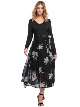 

Black V-Neck Long Sleeve Floral Patchwork Belted Midi Dress, Multicolor